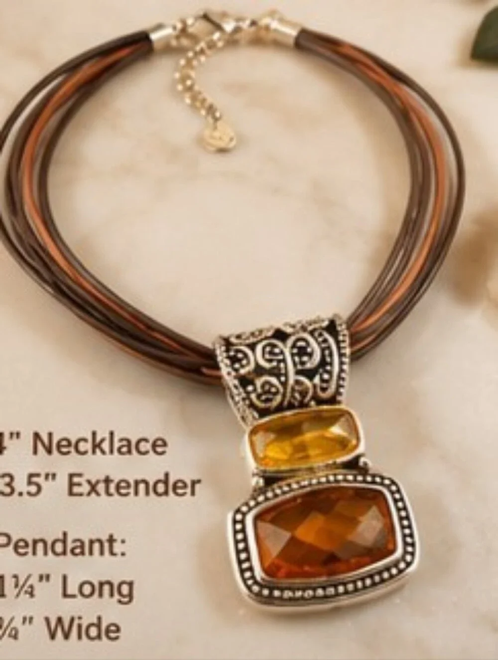 Vintage Cookie Lee Multi Strand Faux Leather Necklace Amber Glass Pendant Boho